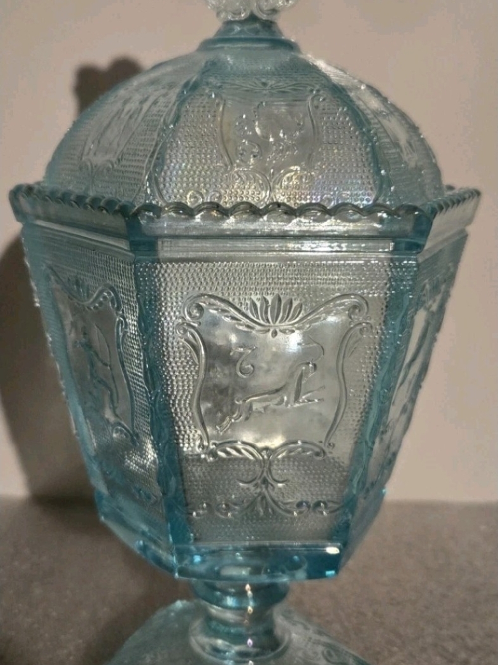 Vintage 1969 Imperial Glass Zodiac Pattern Covered Candy Jar Blue Azur Carnival